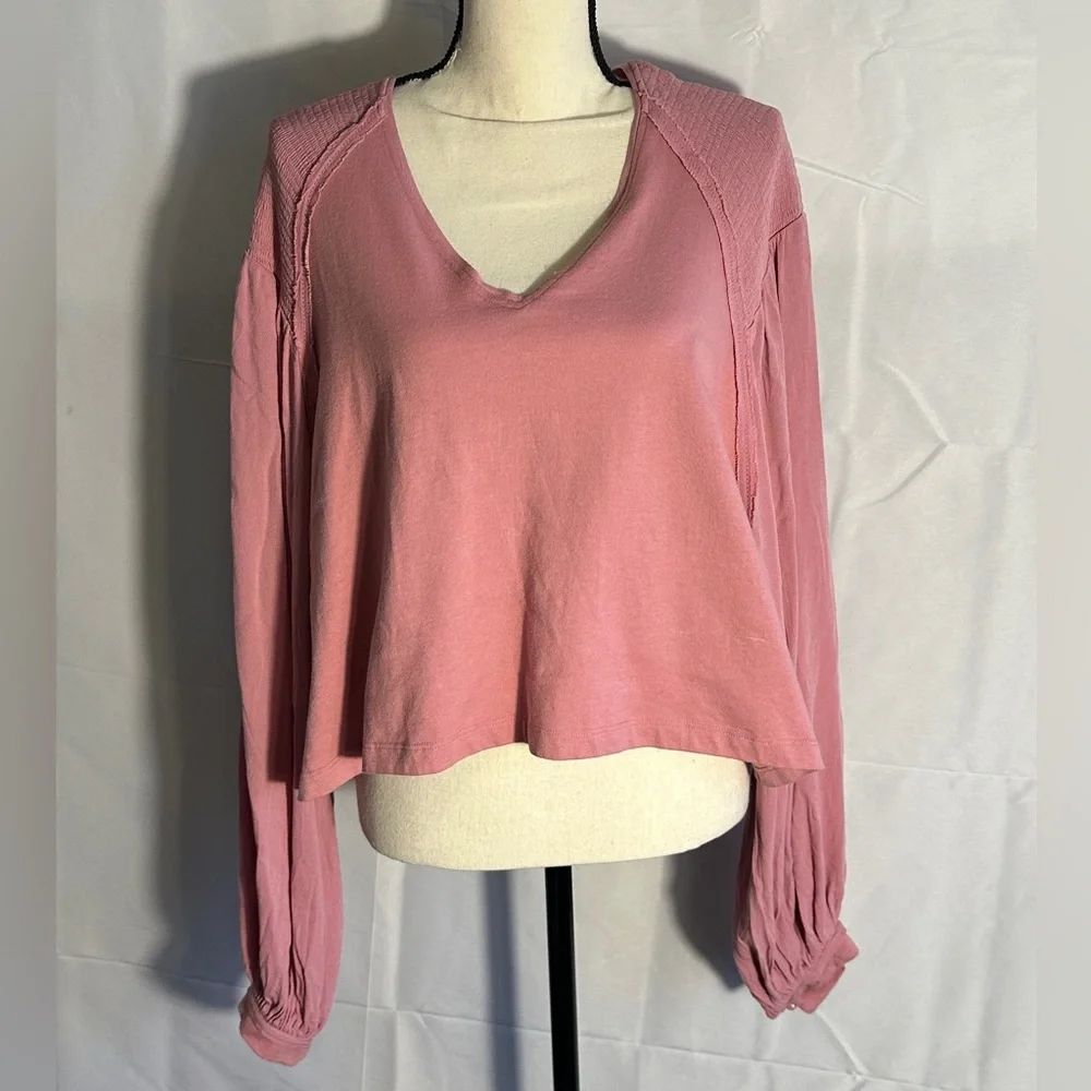 NWT Free People Kathy Boho Blouse in Blush Rose, Long Sleeve Statement Top‎